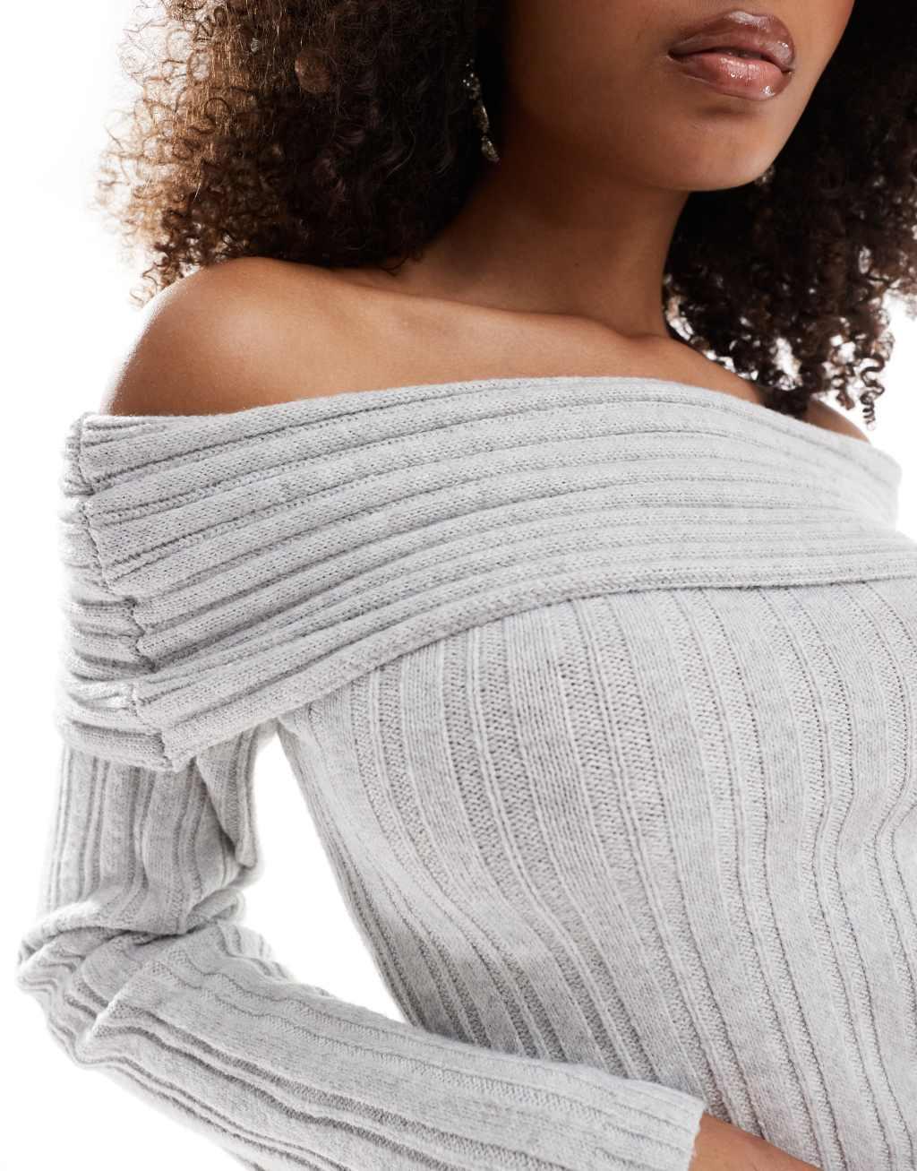 Pretty Lavish cozy bardot ribbed knit sweater in gray - part of a set Product Image