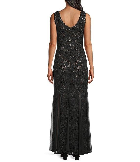 R & M Richards Embroidered Sequin Stretch Lace Sleeveless Scalloped Edge Sheath Gown Product Image