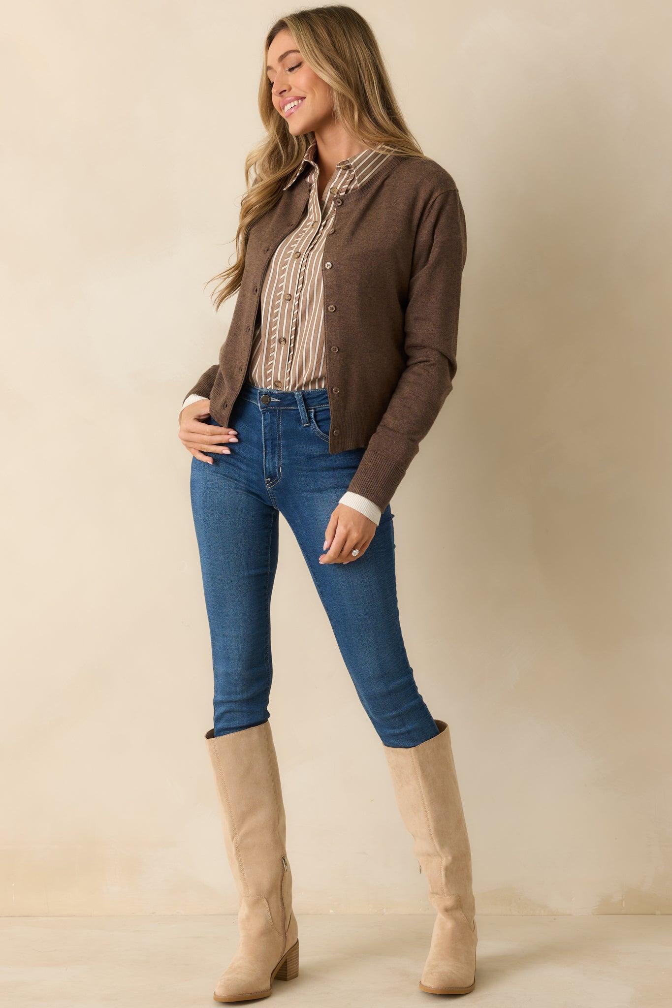 Keep Things Simple Brown Button Front Long Sleeve Cardigan Product Image