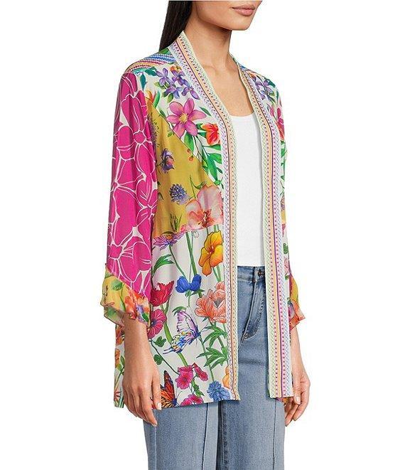 John Mark Mixed Floral Print 3/4 Sleeve Open Front Kimono Product Image