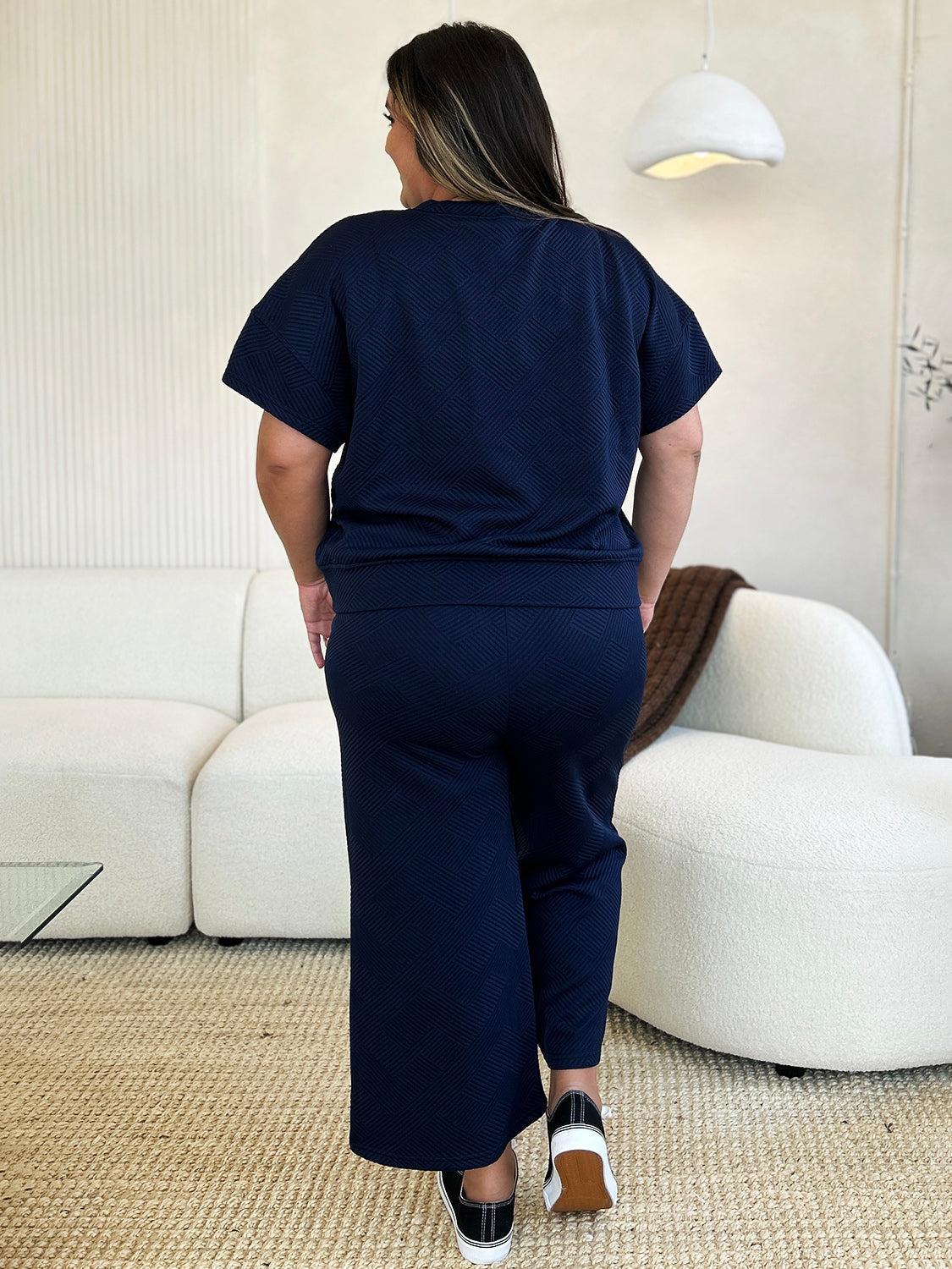 Double Take Full Size Texture Short Sleeve Top and Pants Set Product Image