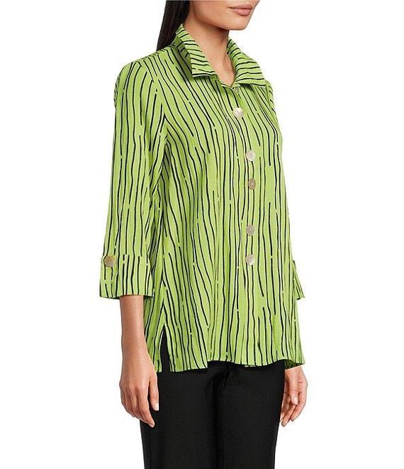 Ali Miles Crinkle Woven Abstract Stripe Wire Collar 3/4 Sleeve Button Front Tunic Product Image