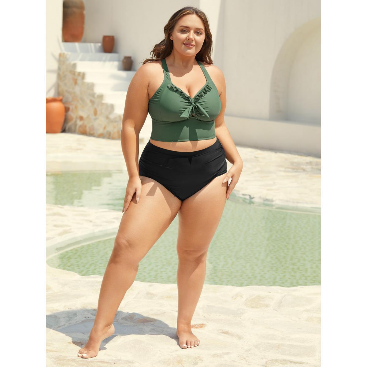 Plus Size Bust Knot-Tie Ruffle Trim Supportive Swim Top Women's Swimwear Sage Resort Knotted High stretch Skinny Heart neckline Curve Swim Tops BloomChic 18-20/2X Product Image
