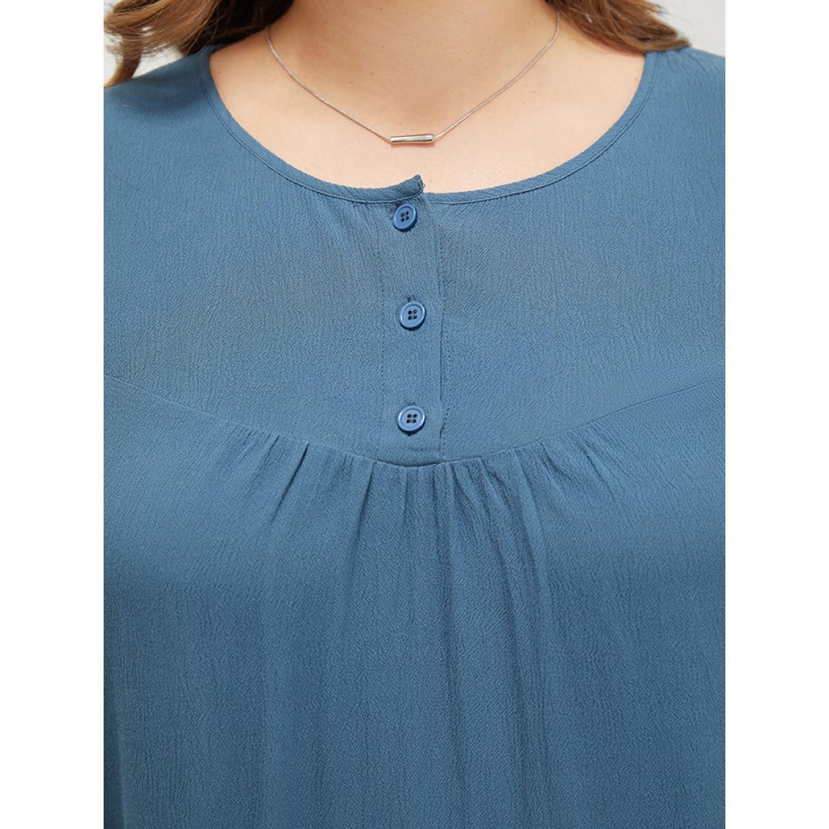 Plus Size Stone Plain Button Up Gathered Lantern Sleeve Blouse Women Elegant Elbow-length sleeve Round Neck Dailywear Blouses BloomChic 14-16/1X Product Image