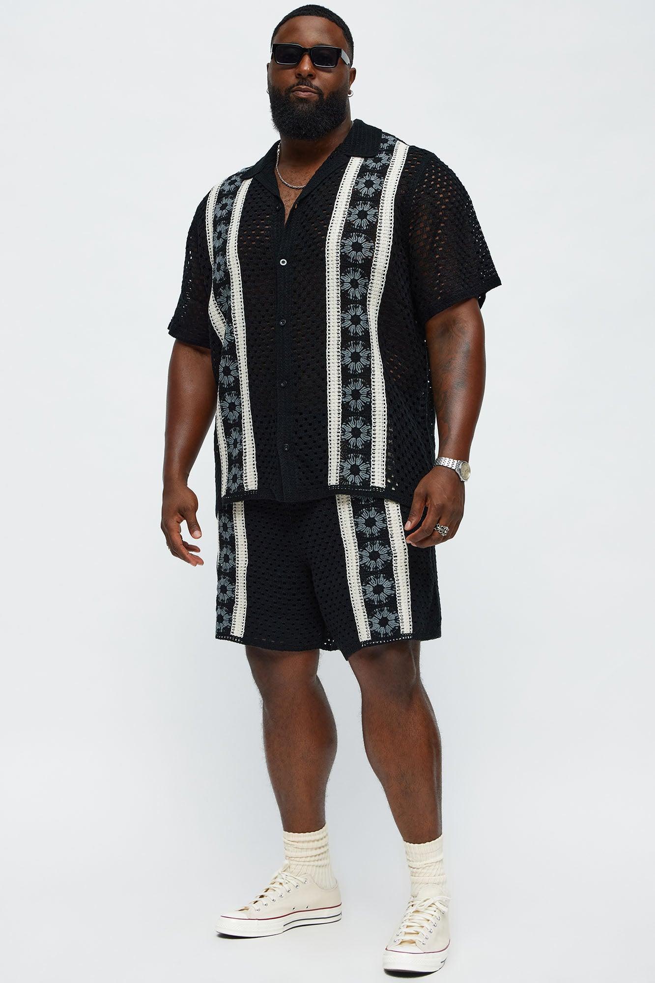 Crochet Panel Cuban Collar Button Up Shirt - Black/combo Male Product Image