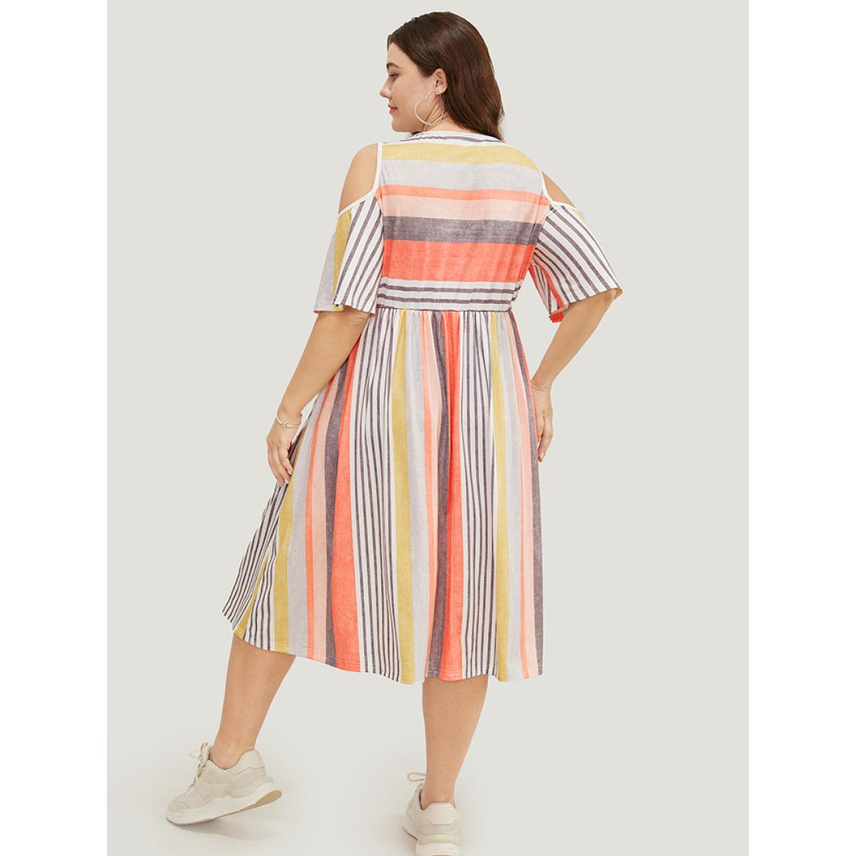 Plus Size Striped Contrast Pocket Cold Shoulder Ruffle Midi Dress Multicolor Women Casual Contrast Cold Shoulder Short sleeve Curvy Midi Dress BloomChic 10/M Product Image
