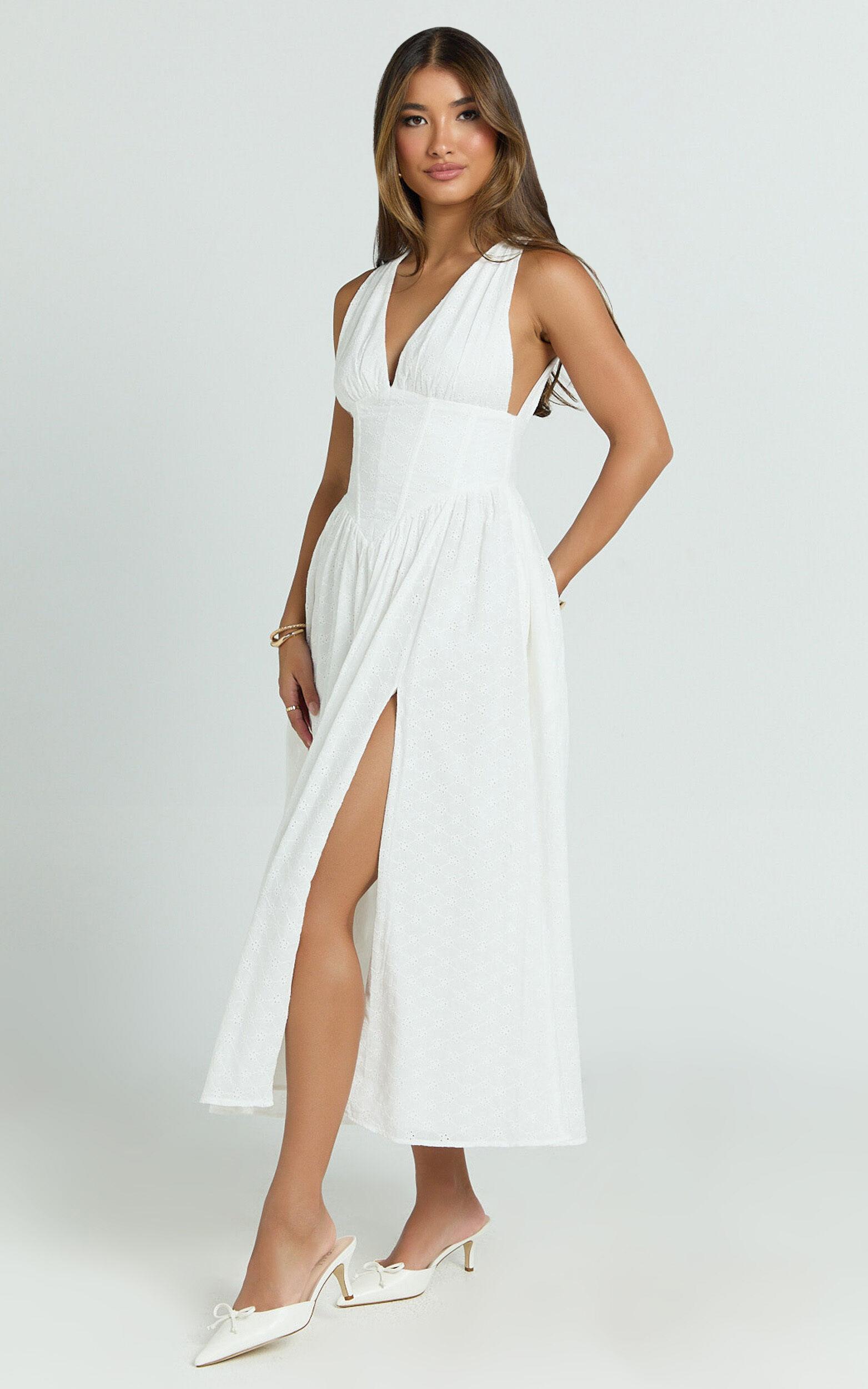 Lainey Midi Dress - Embroidered V Neck Corset Drop Waist Fit And Flare Dress in White Product Image