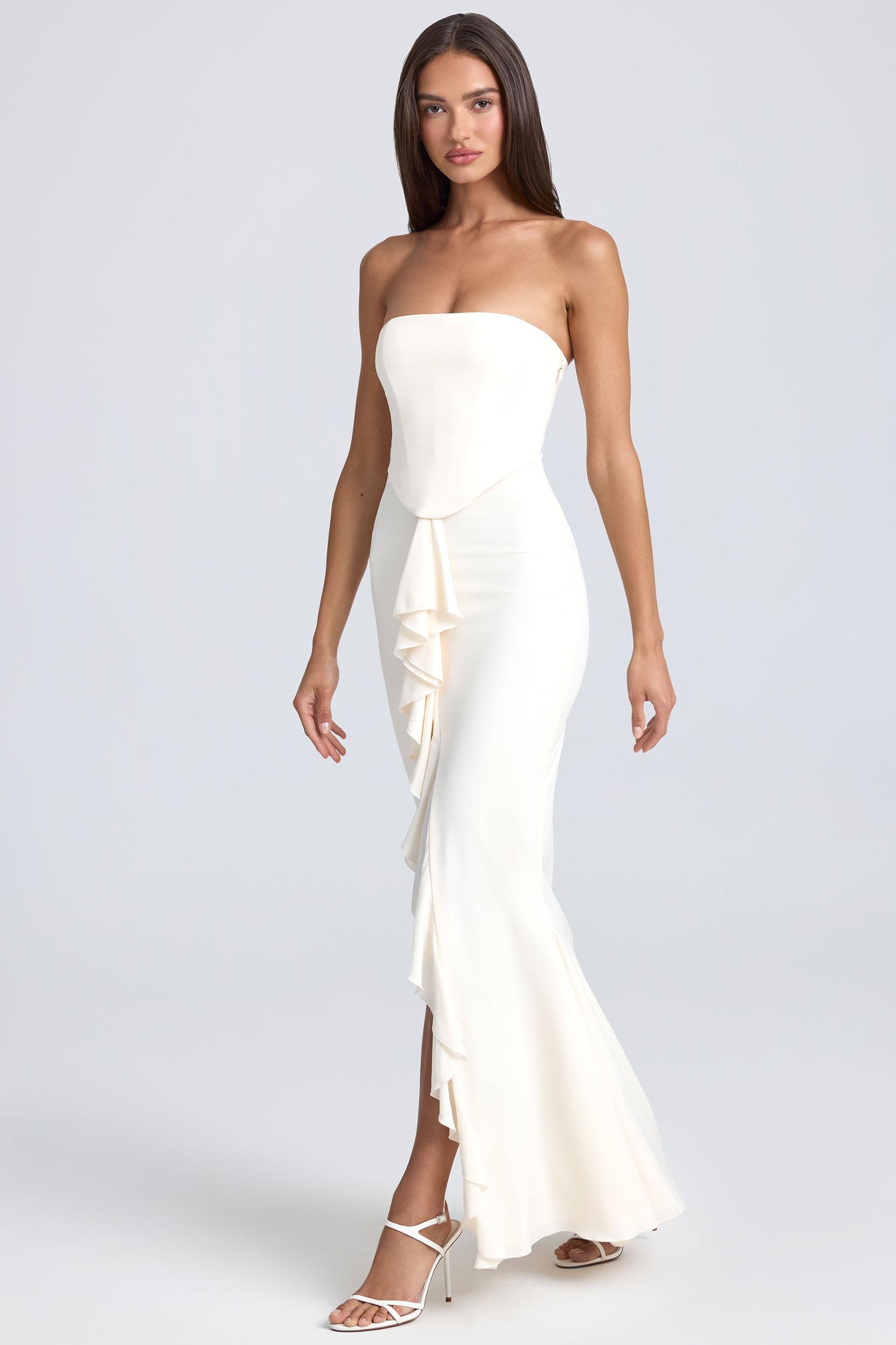 Bandeau Ruffle-Trim Corset Gown in Ivory Product Image