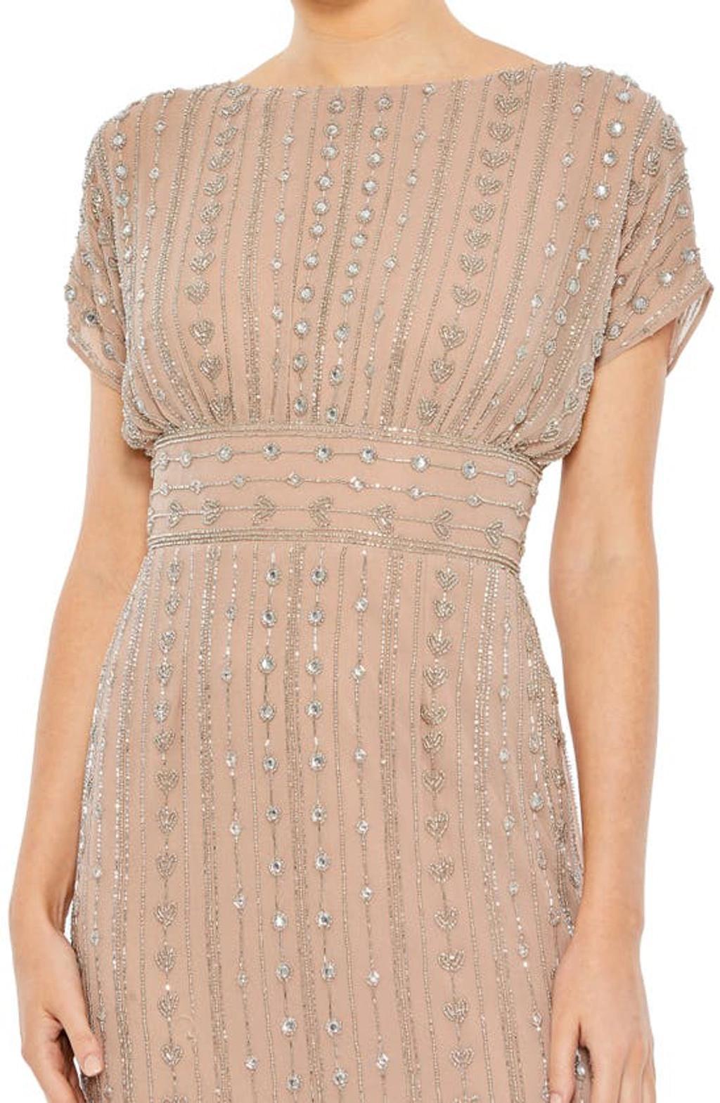 Beaded Empire Waist Column Midi Cocktail Dress In Dark Mocha Product Image