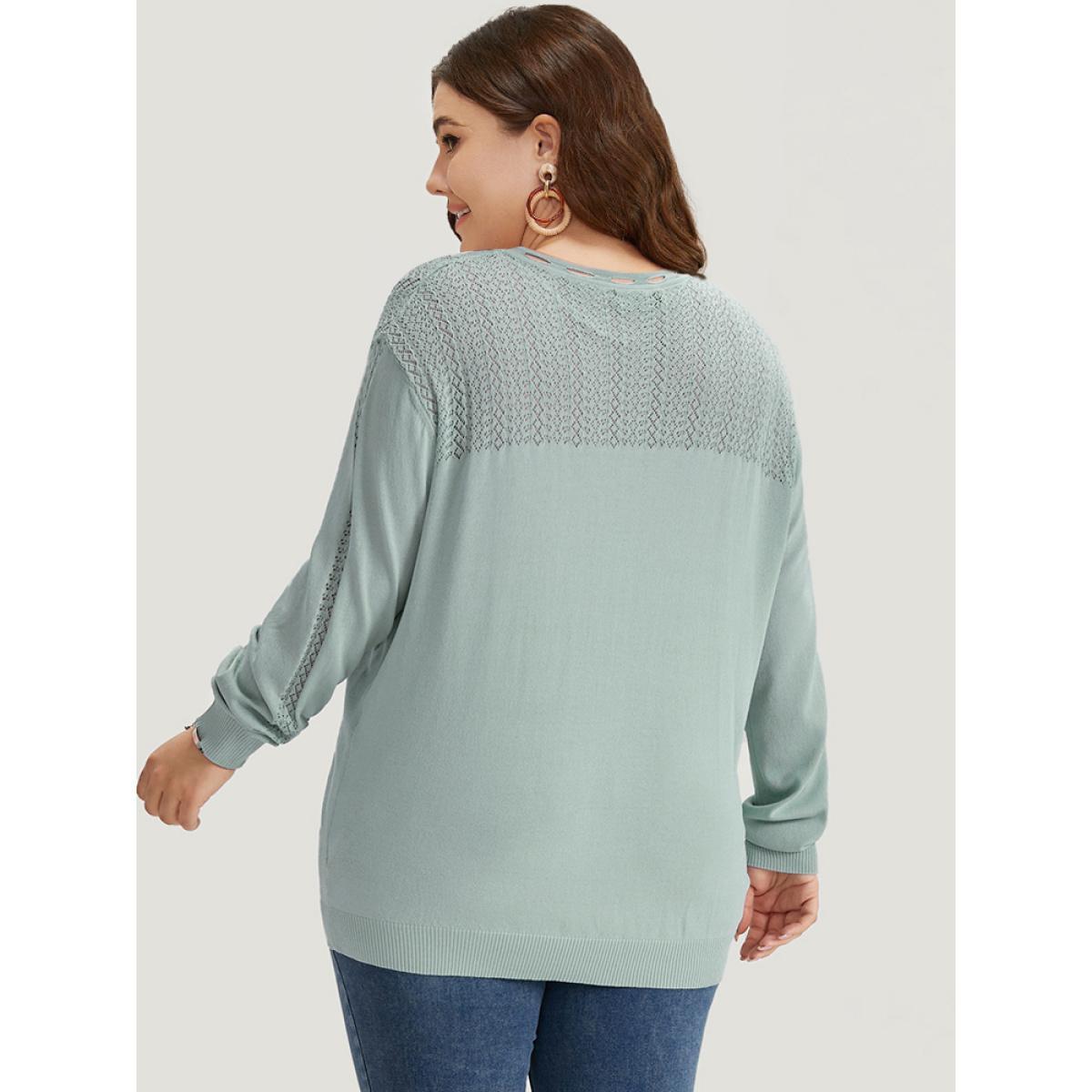 Plus Size Plain Eyelet Patchwork Drop Shoulder Pullover LightBlue Women Casual Loose Long Sleeve Round Neck Dailywear Pullovers BloomChic 26/4X Product Image