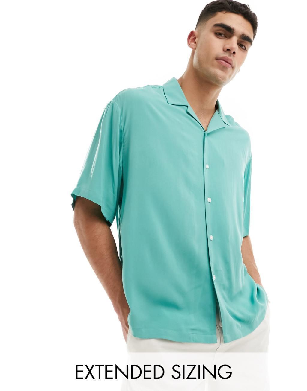 ASOS DESIGN oversized revere collar viscose shirt in teal green Product Image