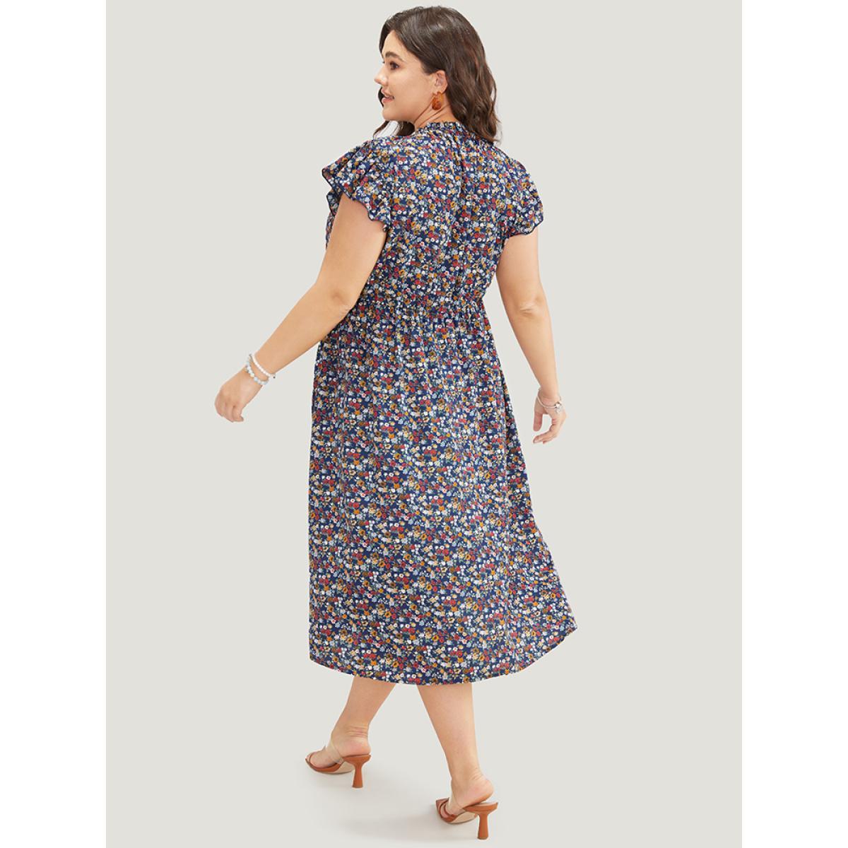 Plus Size Ditsy Floral Ruffle Sleeve Pocket Frill Trim Mock Neck Dress DarkBlue Women Elegant Pocket Mock Neck Half Sleeve Curvy Midi Dress BloomChic 12/L Product Image