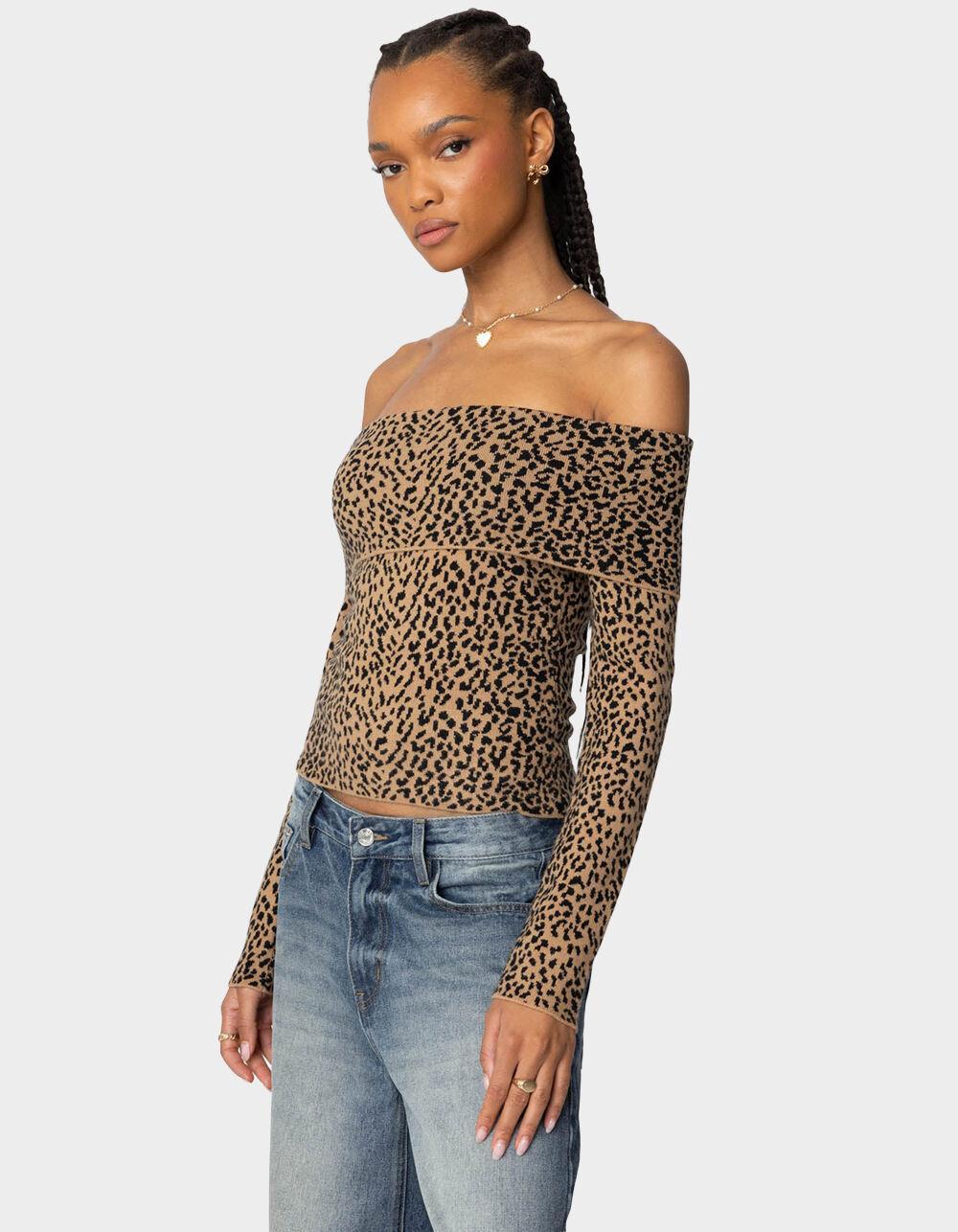 EDIKTED Leopard Printed Fold Over Knit Top Product Image