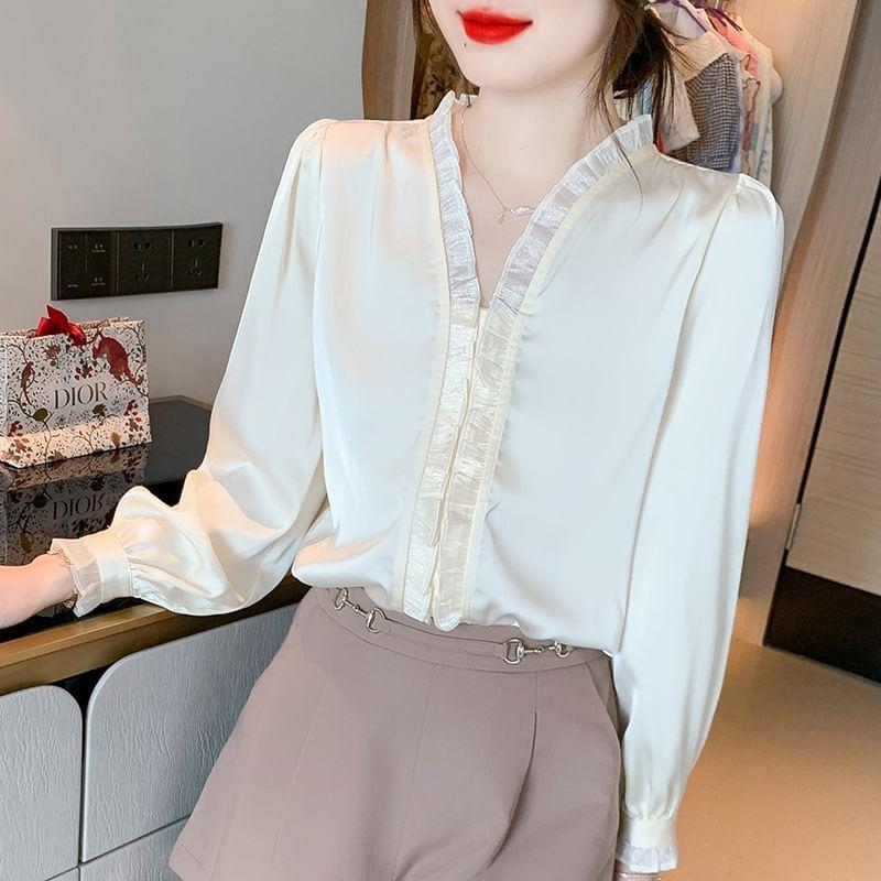 V-Neck Plain Ruffle Trim Blouse Product Image