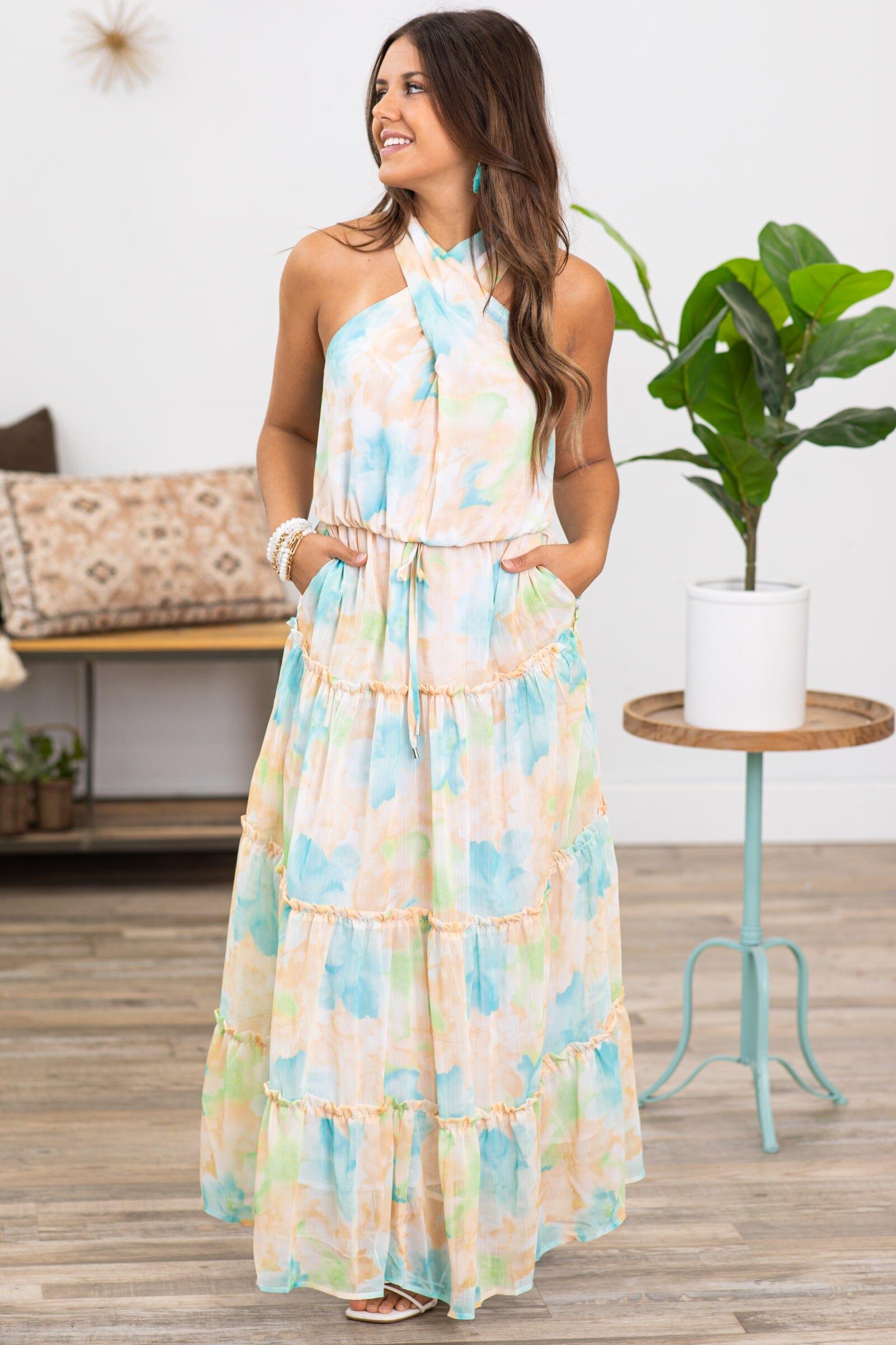 Peach Multicolor Floral Halter Neck Maxi Dress Product Image