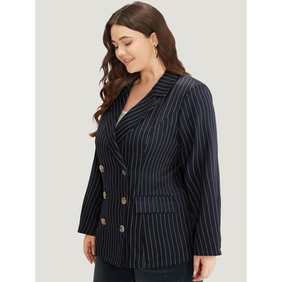 Plus Size Suit Collar Striped Double Breasted Blazer Blue Women Office Striped Button Sleeve Long Sleeve Suit Collar 30/6X Pocket Office Blazers BloomChic Product Image