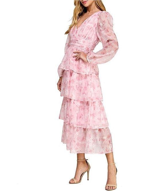 Layered With Love Amanda Organza Chiffon Floral Print V-Neck Long Sleeve Ruffle Tiered A-Line Midi Dress Product Image