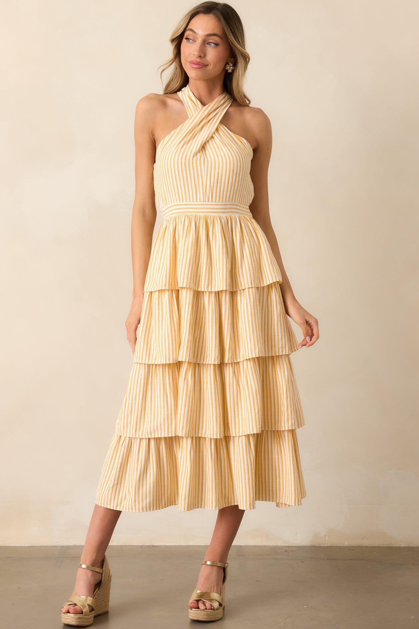 Where I Want To Be Yellow Stripe Tiered Halter Maxi Dress Product Image