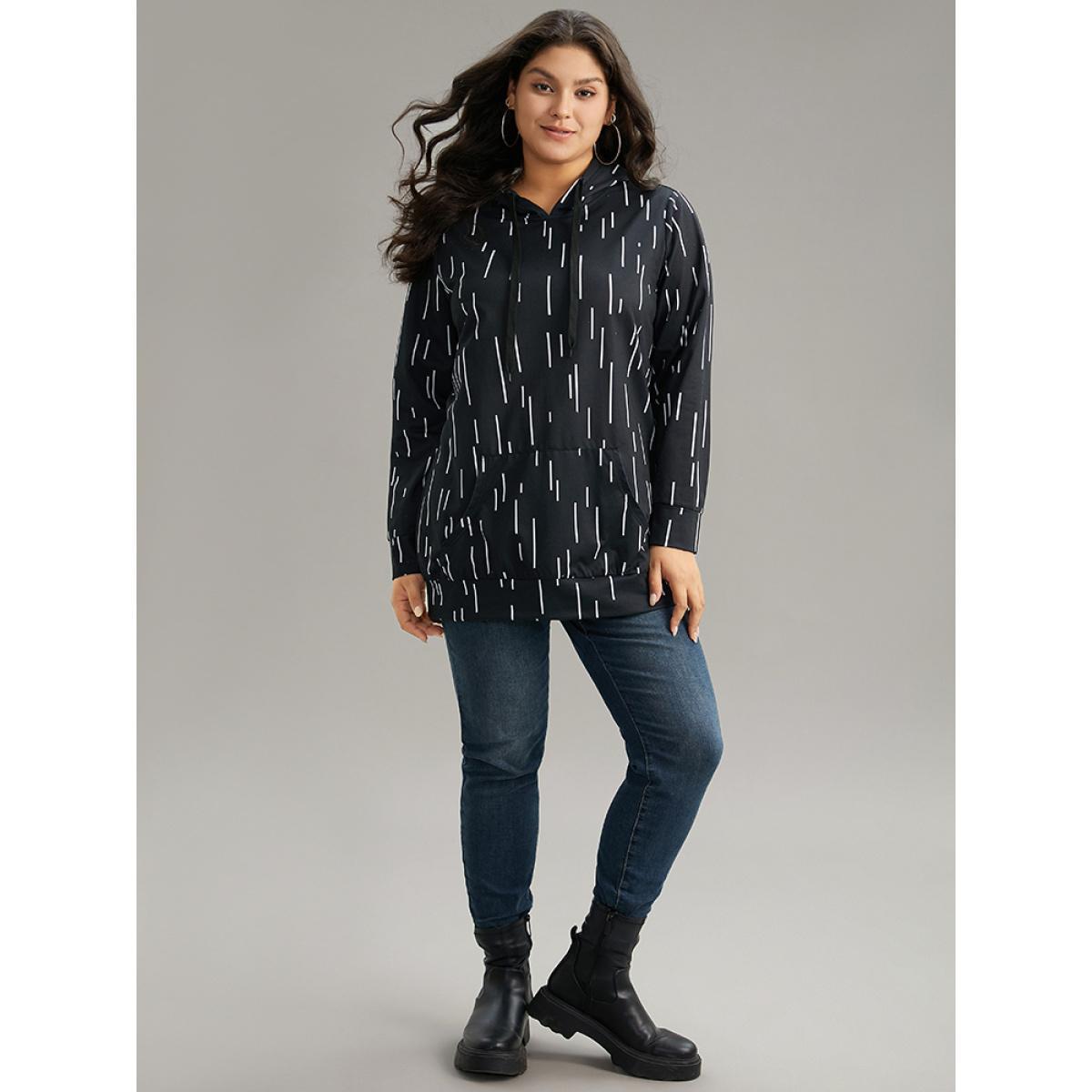 Plus Size Striped Asymmetrical kangaroo pocket Hooded Sweatshirt Women Black Casual Printed Hooded Dailywear Sweatshirts BloomChic 30/6X Product Image