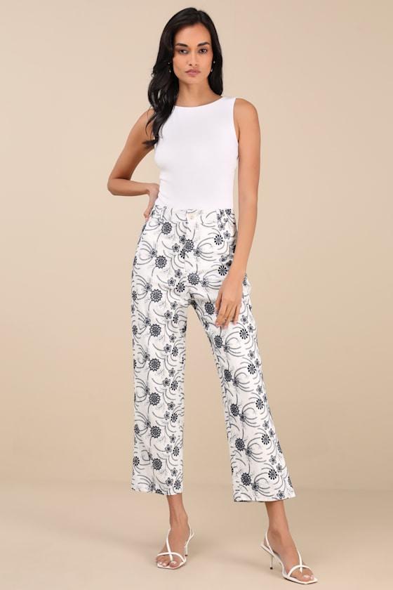 Auroria White Embroidered High-Rise Cropped Pants Product Image