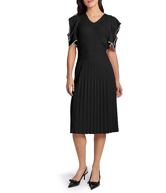 Ming Wang Rib Knit V-Neck Short Cold Shoulder Fit And Flare Midi Dress Product Image