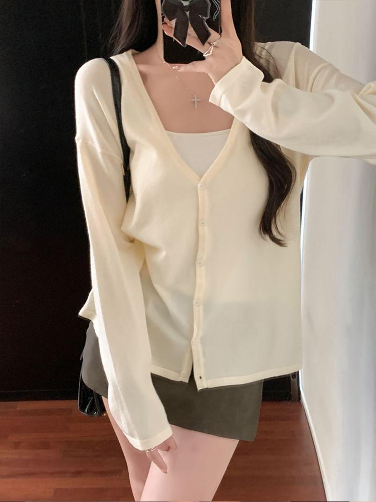 V-Neck Plain Button-Up Cardigan Product Image