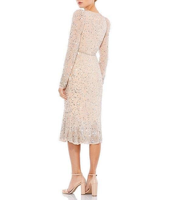 Mac Duggal Sequin Embellished Flounce Hem Surplice V-Neck Long Sleeve Midi Dress Product Image