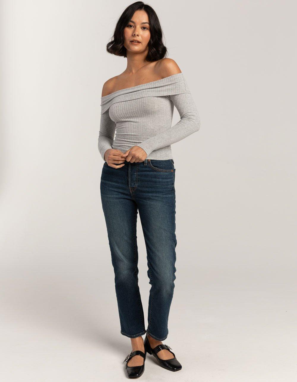 FULL TILT Fold Over Rib Off The Shoulder Womens Top - HEATHER GRAY Product Image