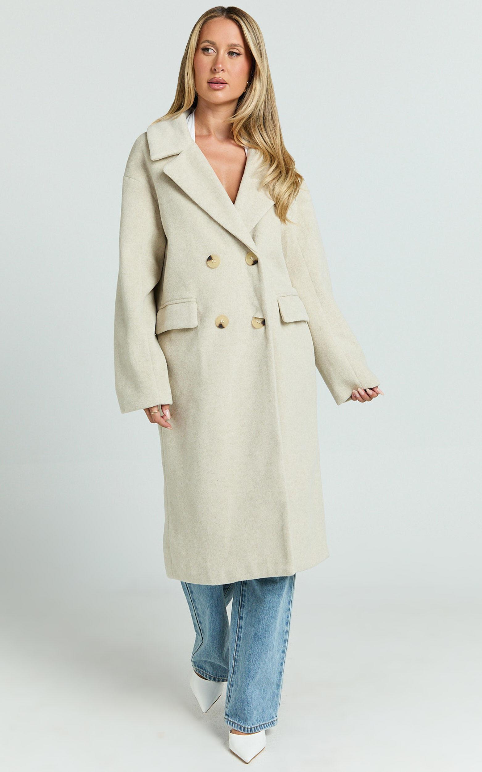 Libee Coat - Double Breasted Longline Coat in Oatmeal Product Image