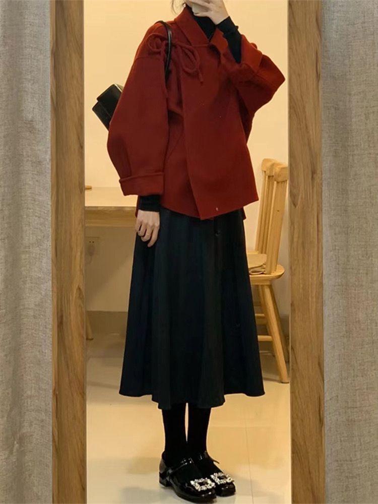 Maternity Asymmetrical Button-Up Coat / Long-Sleeve Mock Neck Midi A-Line Dress Product Image