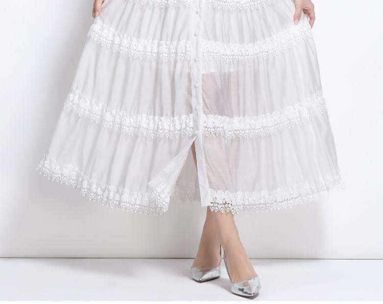 Long Sleeve Band Collar Plain Tiered Button Panel Lace Maxi A-Line Dress Product Image