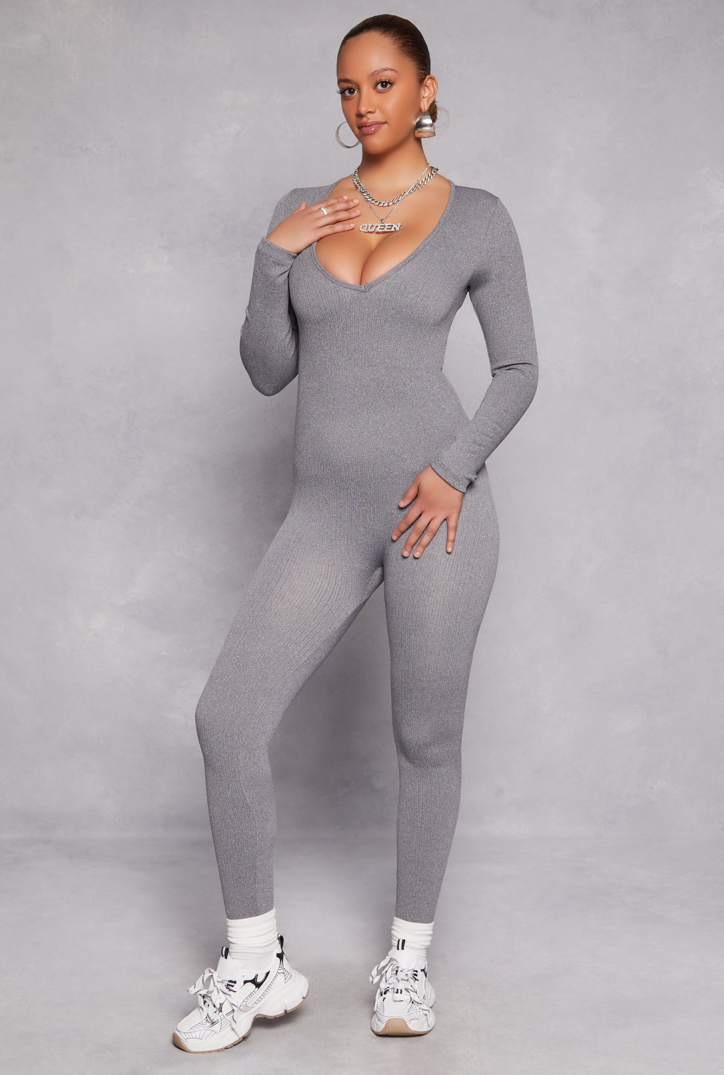 Womens Seamless Rib Knit Plunge Long Sleeve Catsuit Product Image