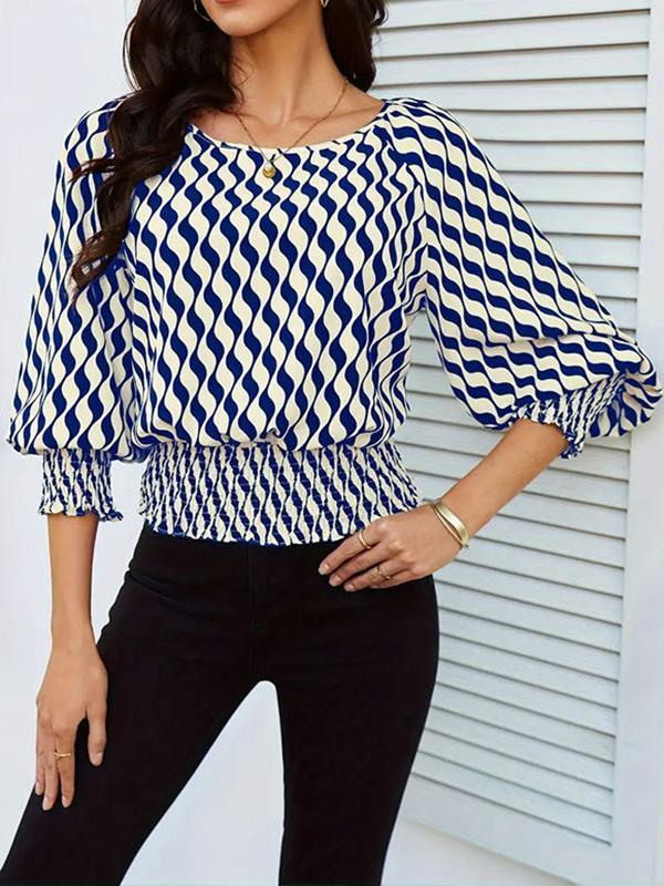 Loose Puff Sleeves Elasticity Printed Split-Joint Round-Neck Blouses&Shirts Tops Product Image