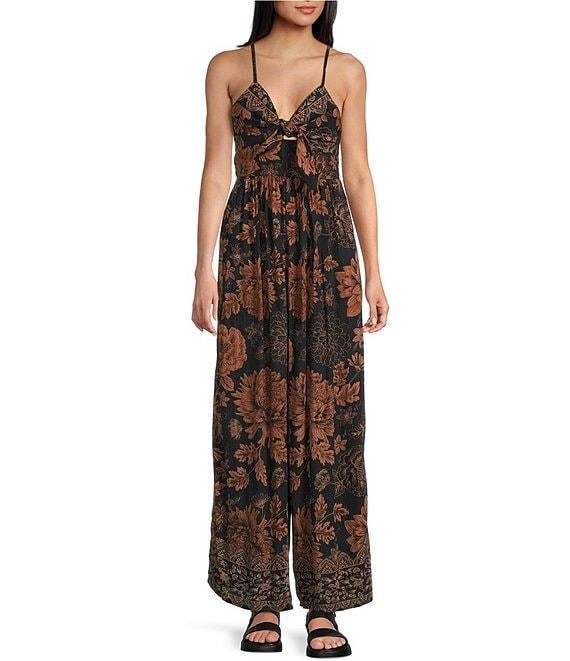 Angie Sleeveless Border Print Keyhole Knot Front Wide Leg Jumpsuit Product Image