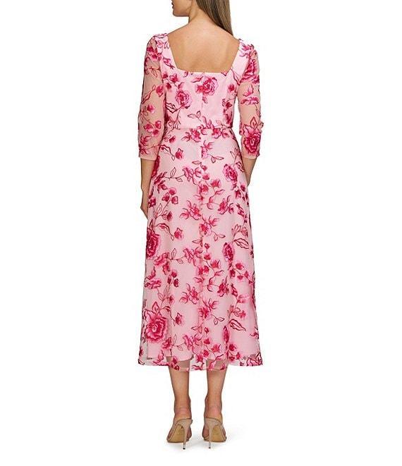 JS Collections Nadine Illusion V-Neck 3/4 Sleeves Floral Embroidered Mesh A-Line Tea Length Dress Product Image
