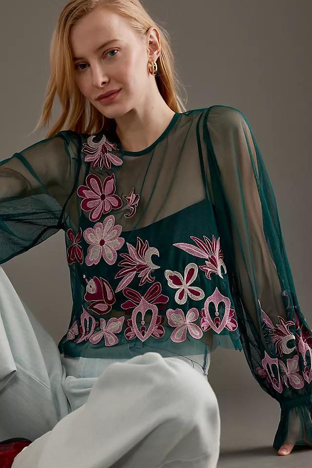 By Anthropologie Long-Sleeve Embroidered Mesh Top Product Image