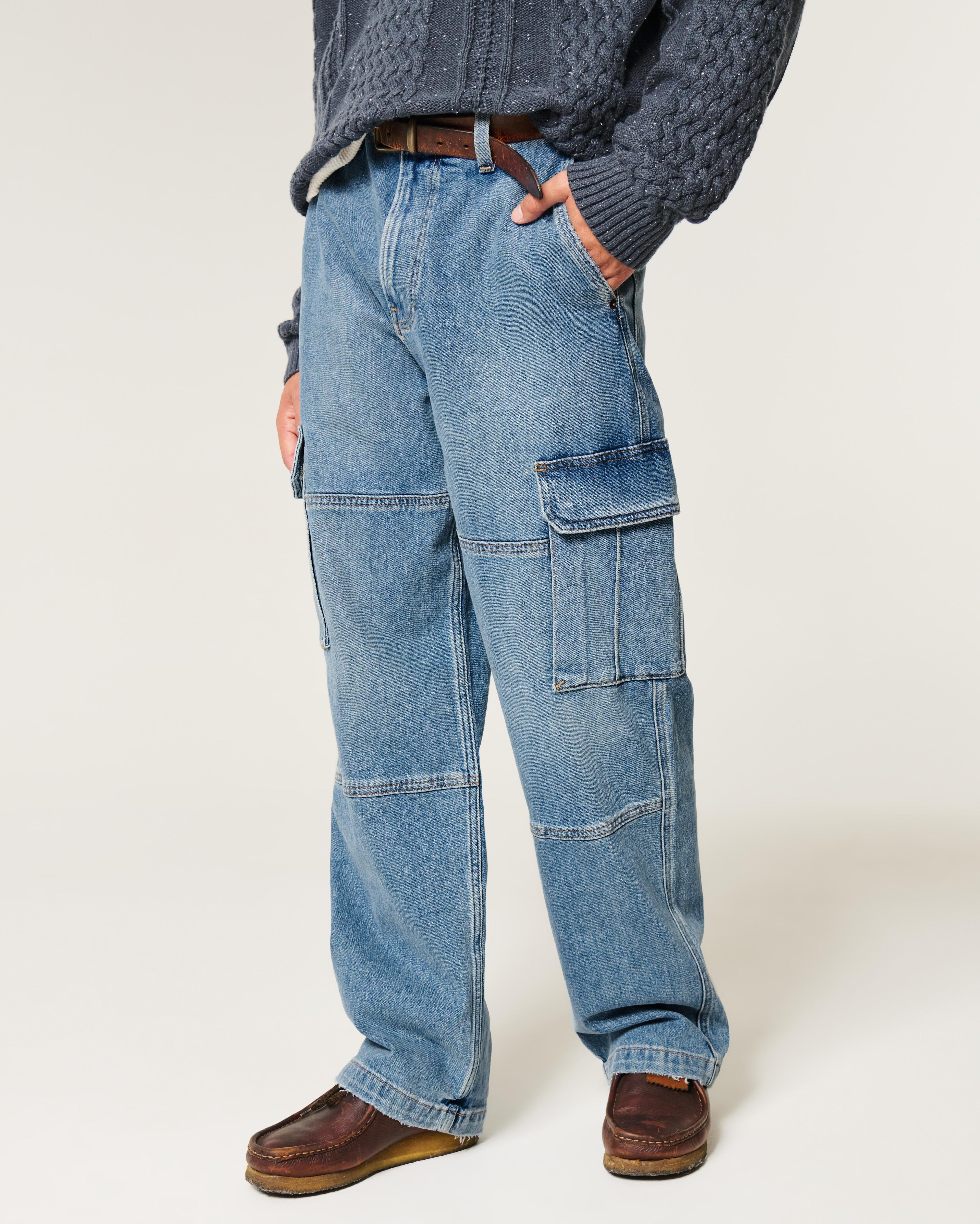 Medium Wash Baggy Cargo Jeans Product Image