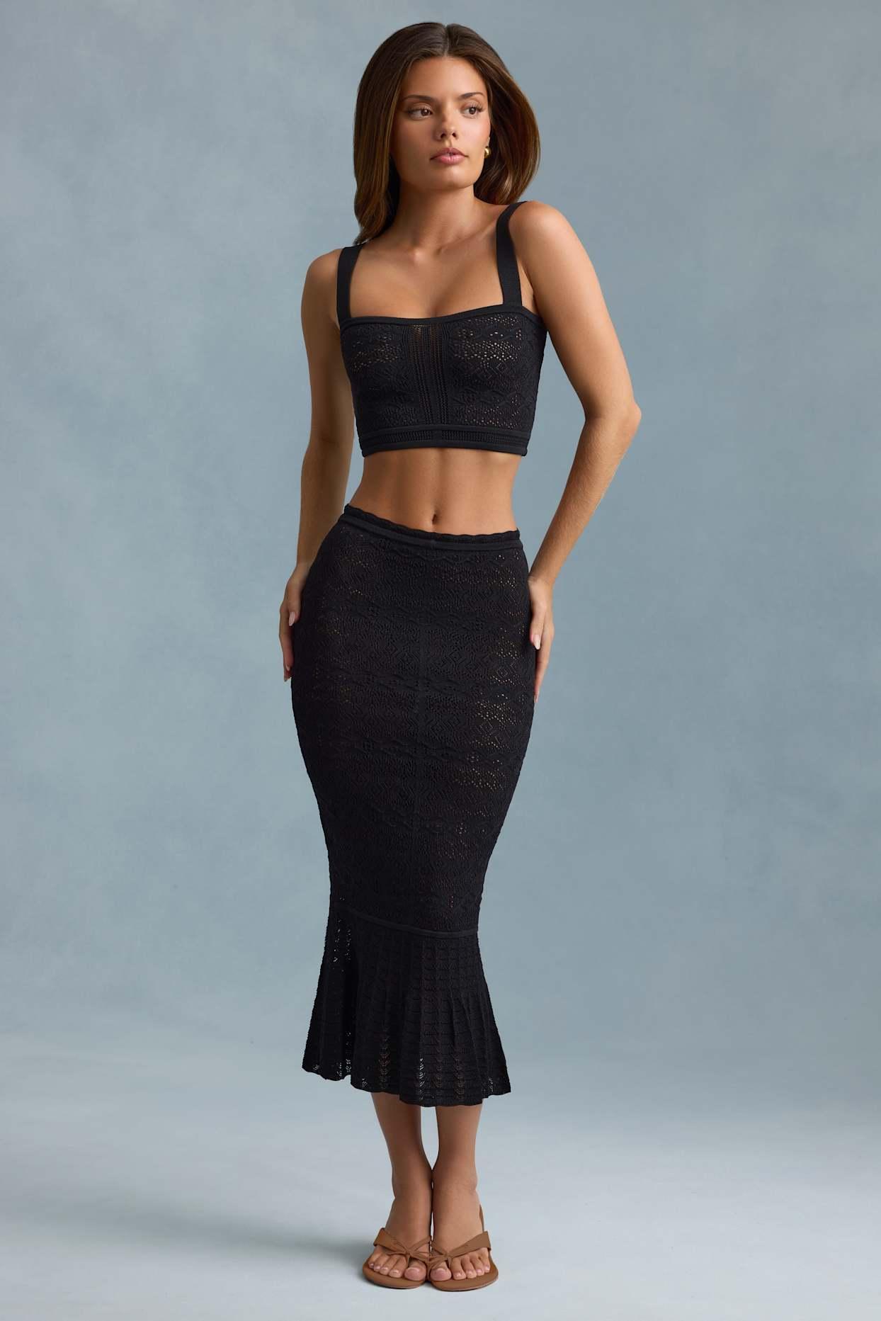 Ruffle-Trim Pointelle-Knit Midaxi Skirt in Black Product Image