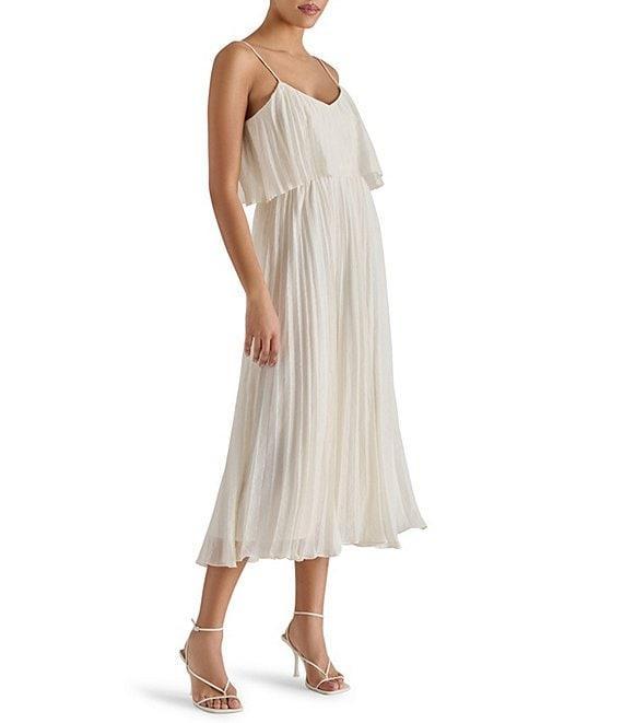 Steve Madden Sakura Pleated Woven V Neck Sleeveless Fit and Flare Midi Dress Product Image