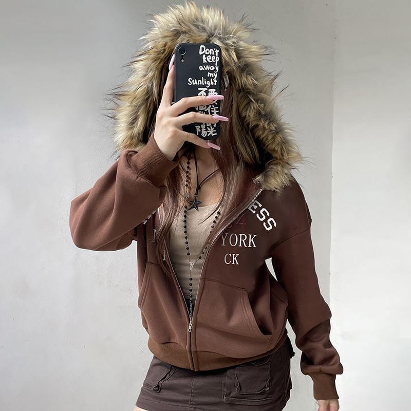 Fluffy Trim Lettering Zip Up Hoodie Product Image