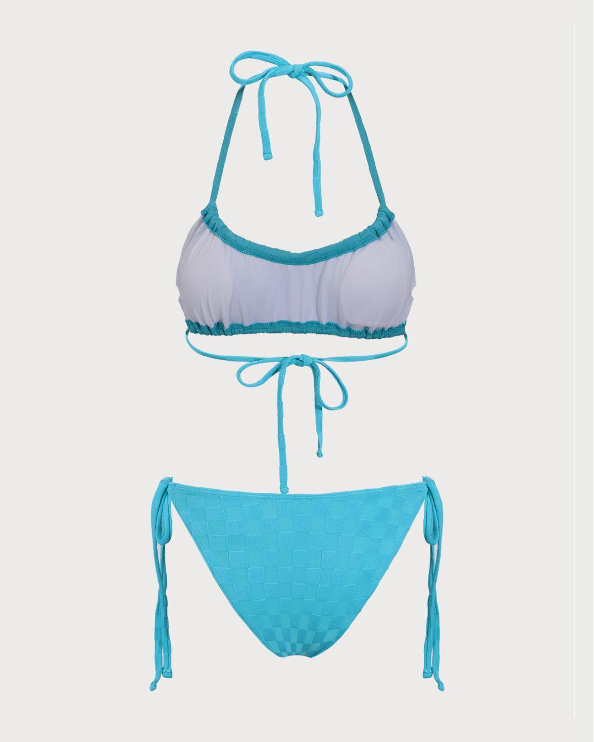 Blue Checkered Ruched Bikini Set Product Image