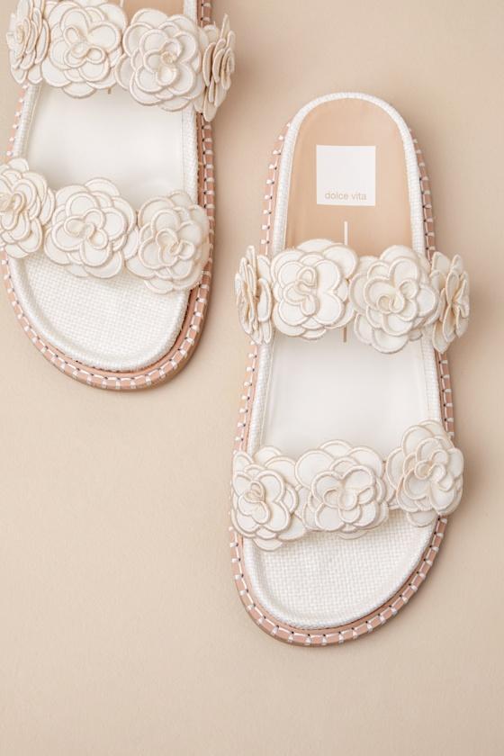 Sherla White Raffia Floral Applique Slide Sandals Product Image