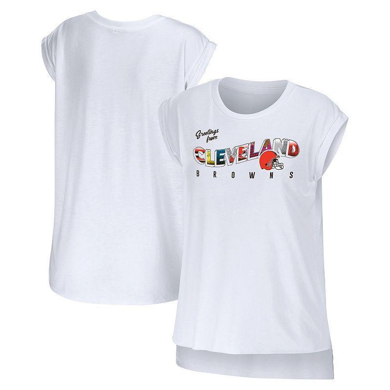 Women's WEAR by Erin Andrews White Cleveland Browns Greetings From Muscle T-Shirt, Size: Small Product Image