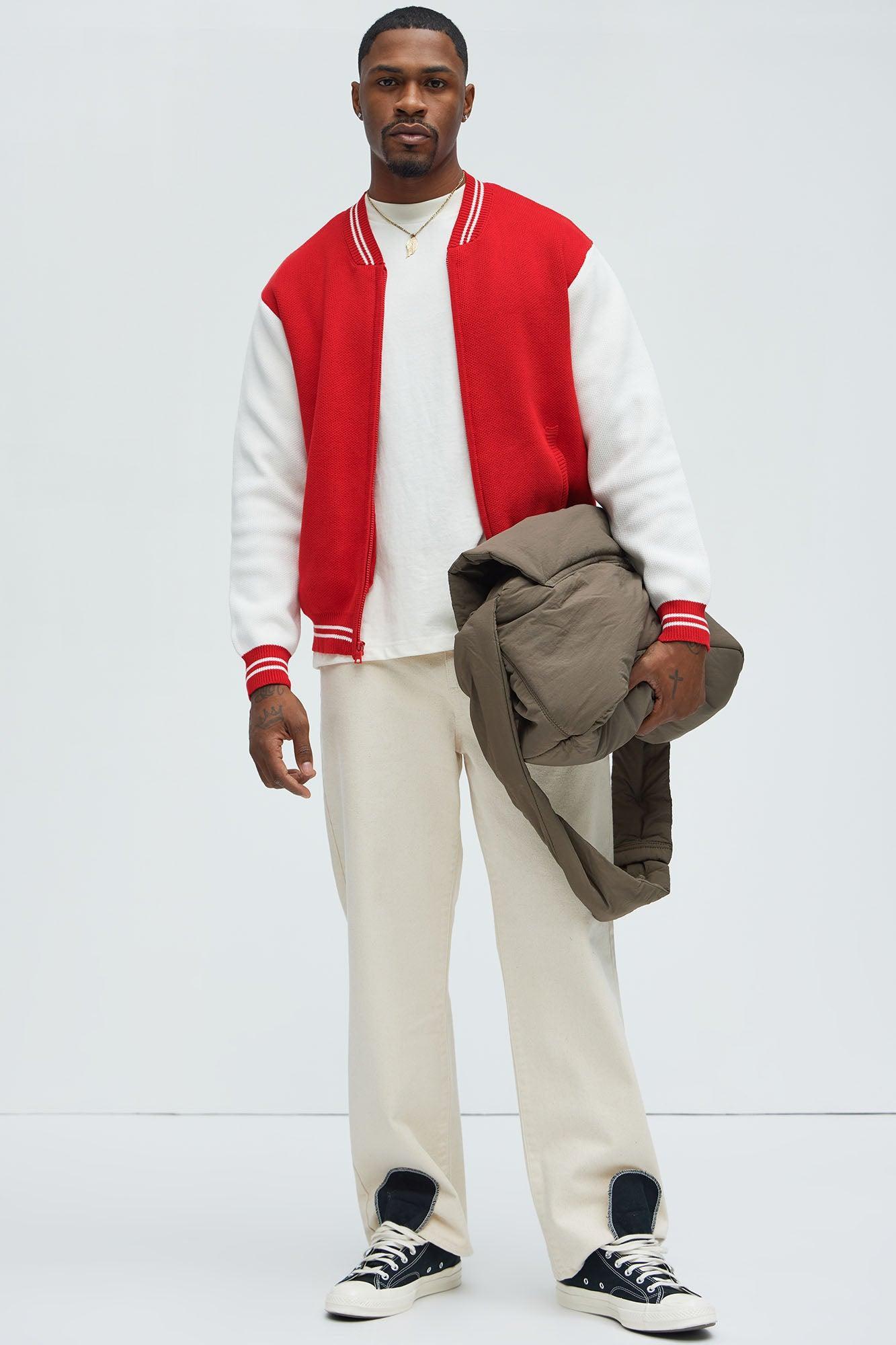 Caspian Knitted Varsity Jacket - Red/combo Product Image