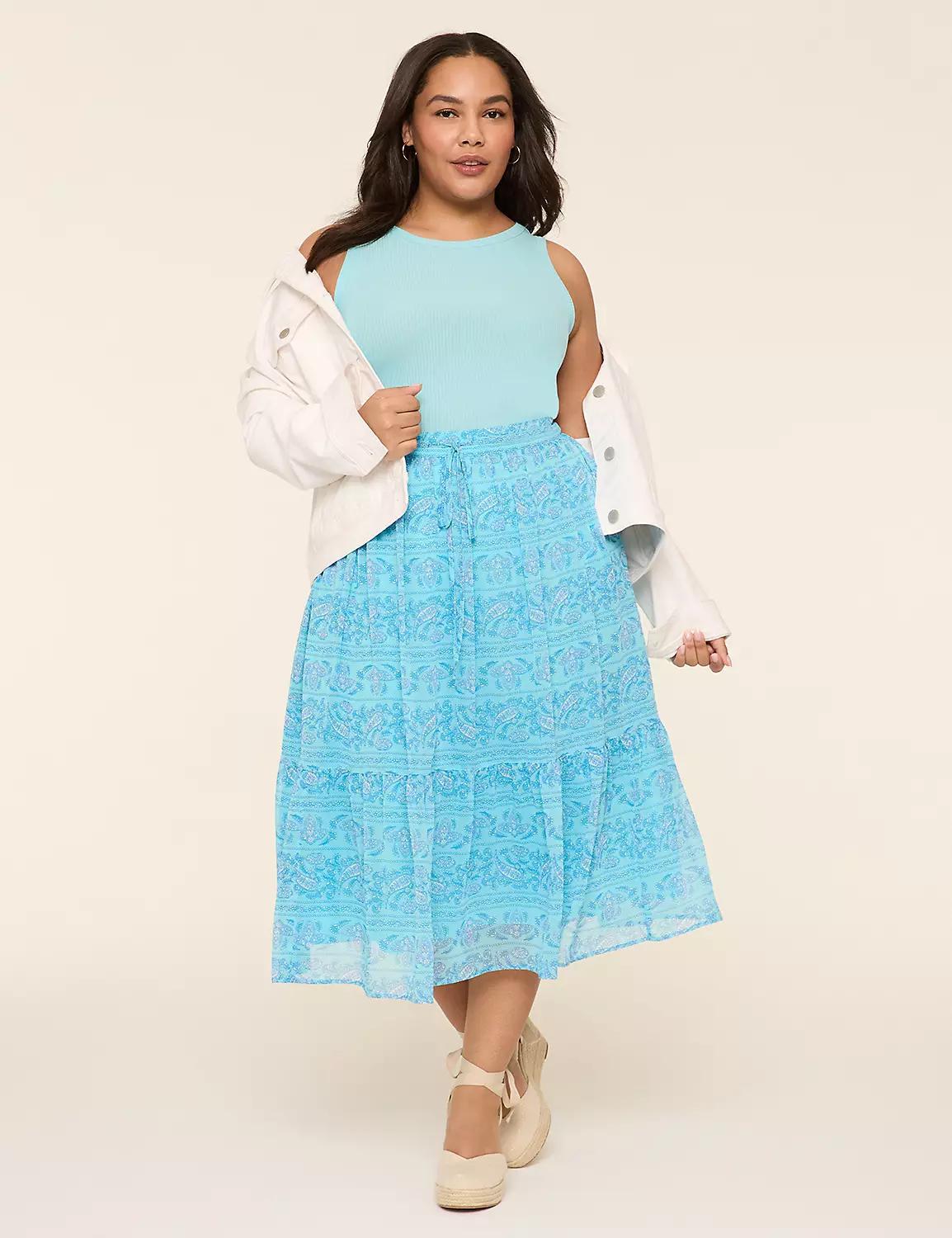 Drawstring-Waist Tiered Midi Skirt Product Image