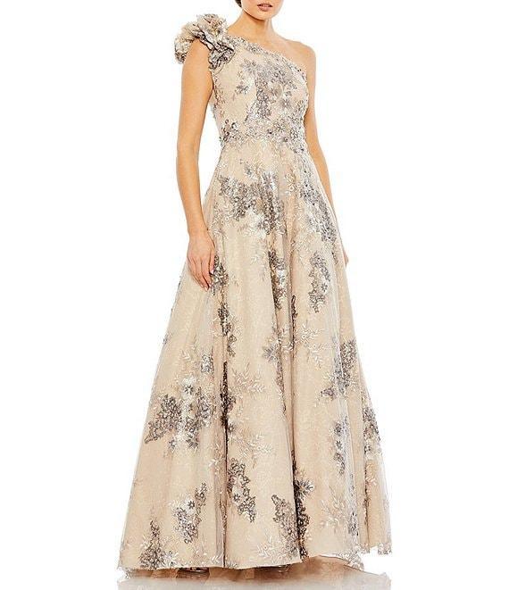 Mac Duggal Floral Embellished One Shoulder Neck Ruffle Beaded A-Line Gown Product Image