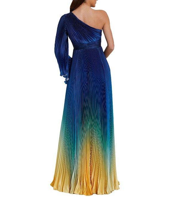 Mac Duggal Charmeuse Ombre Print One Shoulder Neck One Long Sleeve Pleated Gown Product Image