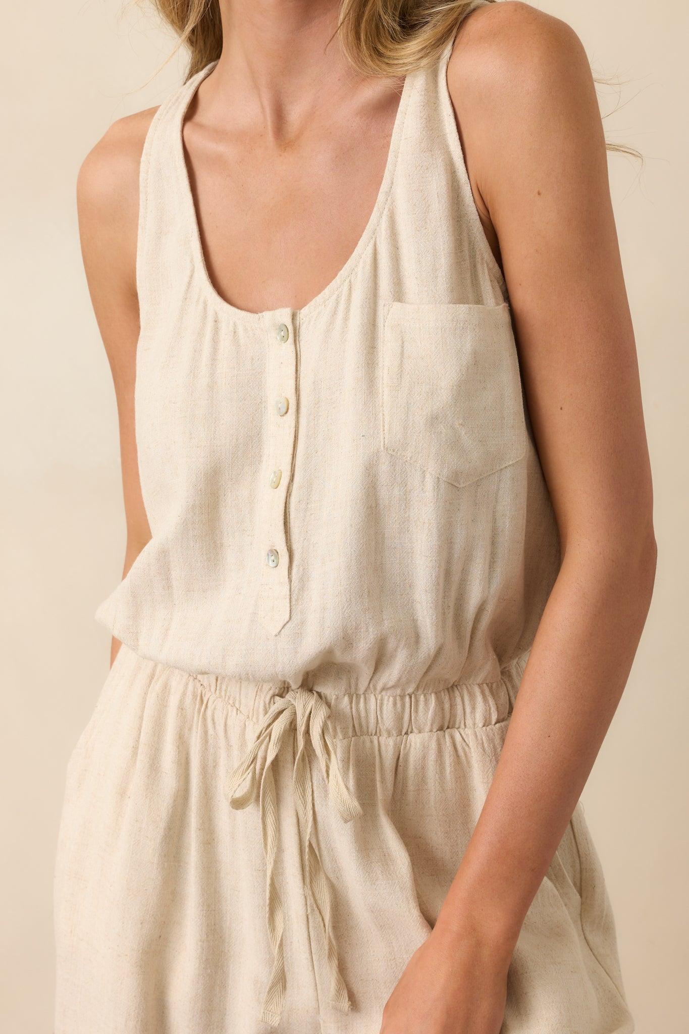 Anywhere And Everywhere Natural Linen Blend Sleeveless Jumpsuit Product Image