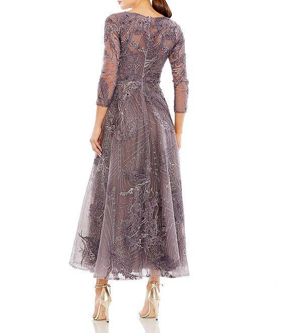 Mac Duggal Embroidered Surplice V-Neck 3/4 Sleeve Tea Length A-Line Dress Product Image