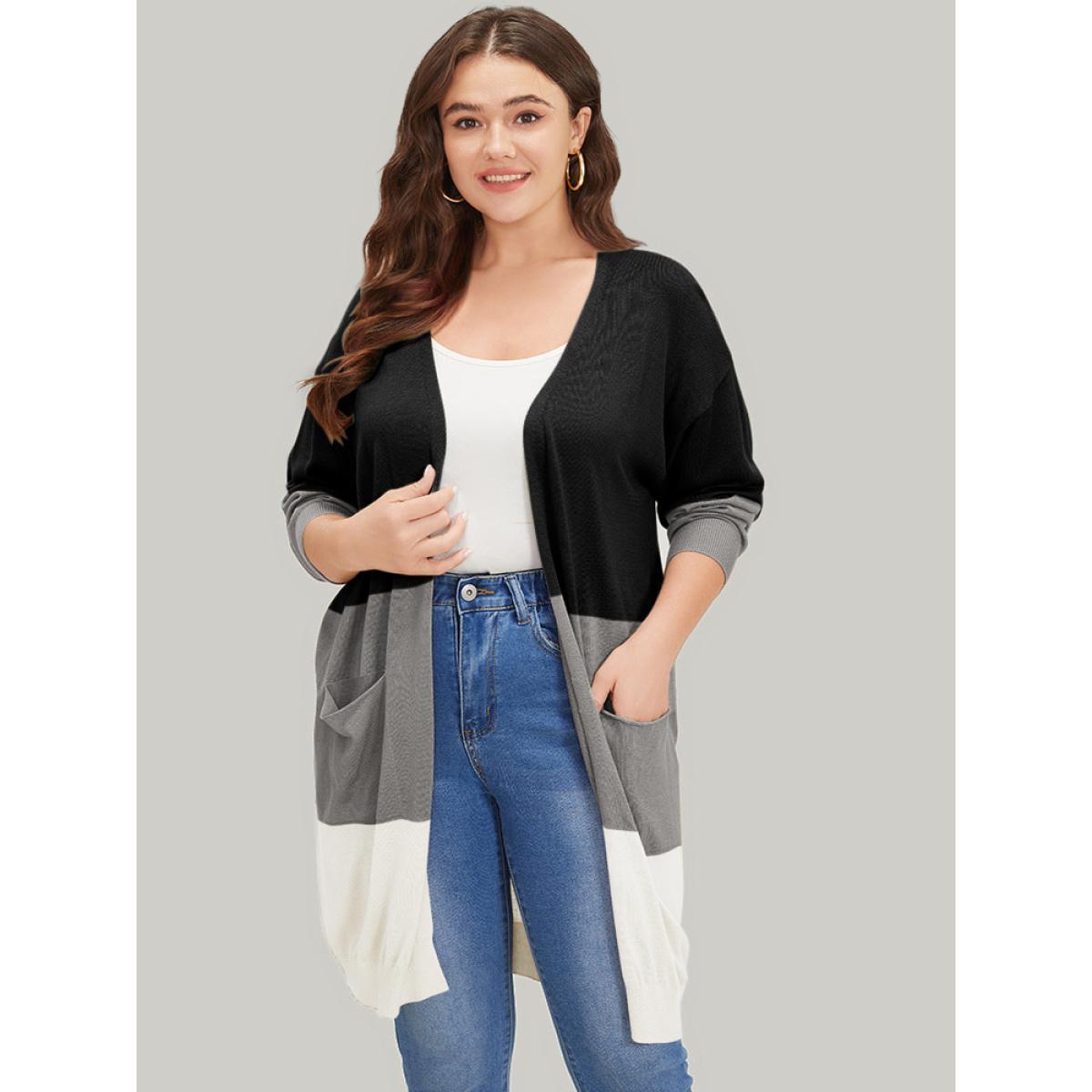Plus Size Supersoft Essentials Colorblock Pocket Tunic Cardigan Black Women Casual Loose Long Sleeve Everyday Cardigans BloomChic 28/5X Product Image